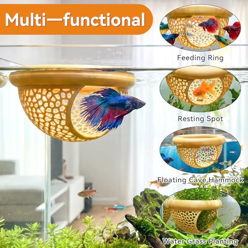 Floating Betta Shrimp Cave, Multi-Functional Aquarium Hammock for Hiding Feeding, Floating Betta Fish Skins with Feeding Ring, Tank Resting Spot for Small Fish Betta Shrimp (Wood, Large) - color: Wood, size: Large