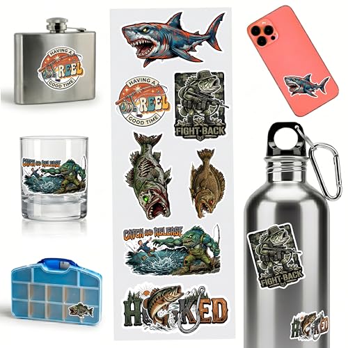 Premium UV DTF Fishing Stickers – Waterproof 3D Permanent Decals for Hard Surfaces – Bass, Trout & Saltwater Designs for Coolers, Tumblers, Tackle Boxes, Boats, Cups, Mugs (Fishing Set 5)