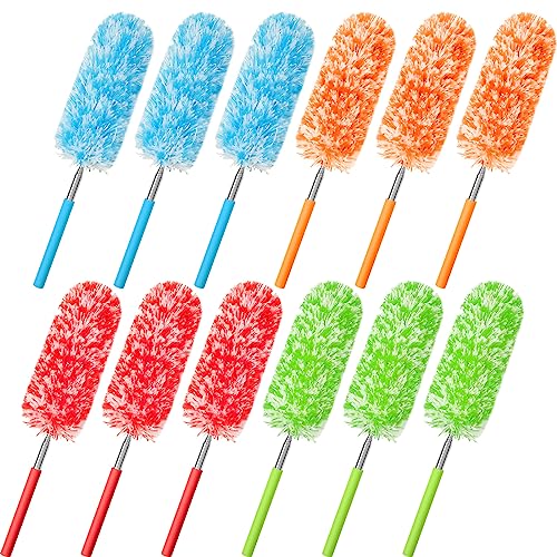Tanlade 12 Pcs Microfiber Feather Duster for Cleaning 13-31 Inch Extendable Cobweb Dusters Ceiling Fan Duster Washable Bendable Tool for Office Car Window Furniture (Bright Color) - color: Bright Color
