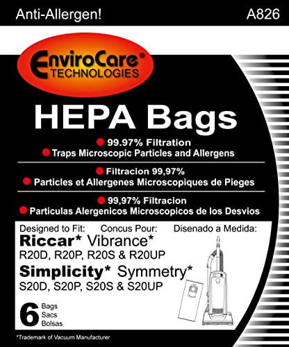 EnviroCare Replacement HEPA Vacuum Cleaner Bag Designed to Fit Riccar Vibrance and Simplicity Symmetry Uprights 6 Bags