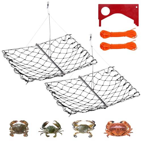 1 Pack/2 Pack Crab Trap, Castable Crabbing Net with Bait Clip Foldable Crab Snare with Red Gauge & Bait Clip for Dungeness, Blue Crabs & Lobster - Crabbing Equipment for Pier, Jetty & Surf Fishing - style: 2 Pack