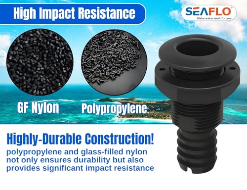 SEAFLO Thru Hulls Fitting Thru-Hull with Check Valve, 5/8”, 3/4”, 1”, 1-1/8”, 1-1/4”, 1-1/2”, or 2” Sizes, White/Black, Polypropylene/Nylon, 4-Year Warranty, (Choose Color, Size, and Pack Size) - color: Black, size: 1-1/4", style: 10-pack
