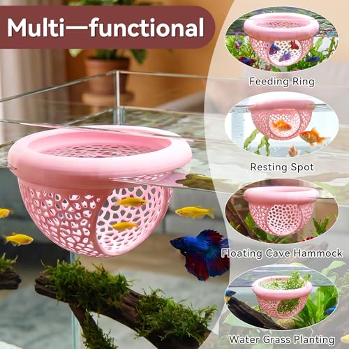 Floating Betta Shrimp Cave, Multi-Functional Aquarium Hammock for Hiding Feeding, Floating Betta Fish Skins with Feeding Ring, Tank Resting Spot for Small Fish Betta Shrimp (Pink) - color: Pink, size: Small