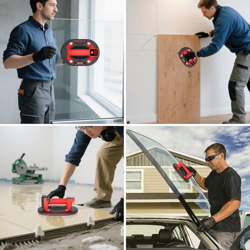 DEWINNER 10" Electric Glass Suction Cup Lifter, 200KG/440 LBS Max Load Vacuum Glass Lifter with 2X 3000mAh Battery, Industrial Strength Vacuum Suction Cup for Glass, Tile, Granite, Metal - color: Red4 with 2 batteries