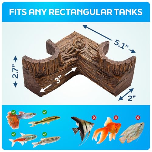 FISHNOSH Aquarium Cave | Natural-Looking Wood-Like BPA-Free Fish Tank Cave for Corners | 5.1” x 2” x 2.7” Fish Hideout for Aquarium | Guppy, Neon Tetra, Corydoras Catfish, Betta Hide | Tank Decor