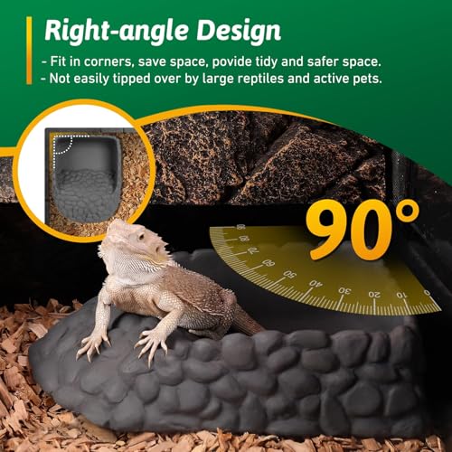 Reptile Water Dish Large Bearded Dragon Food Bowl, Rock Corner Water Dish for Reptiles Snake Water Bowl Feeding for Leopard Gecko Tortoise Lizard Tank Accessories, Terrarium Reptile Pool with Ramp - color: Grey