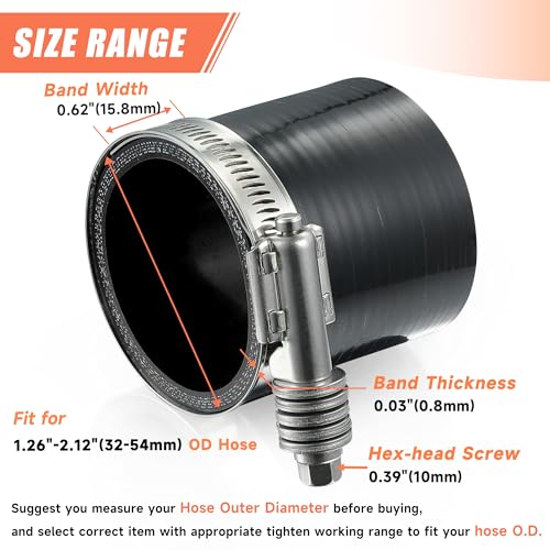2 Pack Heavy Duty Worm Hose Clamp, Adjustable Range 1 1/4"-2 1/8" (32-54mm) 304 Stainless Steel Worm Gear Drive Hose Clamps for Water Pipe, Plumbing, Automotive and Mechanical Application - color: 2 Pcs, size: 32-54mm