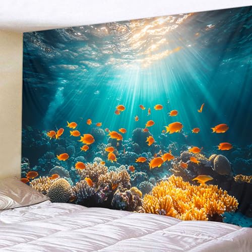 WODEJIA 3D Underwater Coral Reef Tapestry, Ocean Sunlight Fish Wall Hanging Tapestry for Bedroom Living Room Dorm, Large Blue Aquarium Marine Life Wall Art Tapestries Home Decoration（79“x59”Inches） - color: Marine Coral, size: 79"L x 59"W