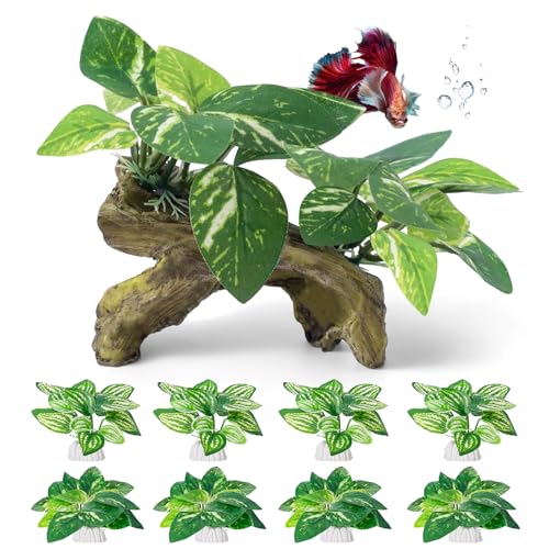 9 Pcs Fish Tank Decor，Silk Aquarium Plants Green Silk Leaf pad Hammock Artifical Driftwood cave Betta Fish Tank Accessories 6 x 3 x 4 inches(LxWxH)