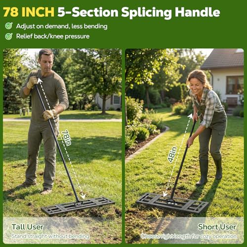 Roylvan Lawn Leveling Rake, 2-in-1 Double Side Lawn Leveler Tool with 32x10in Ground Plate & Adjustable 78in Handle, Heavy Duty Carbon Steel Landscape Leveler for Grass Yard Garden Soil Sand Gravel