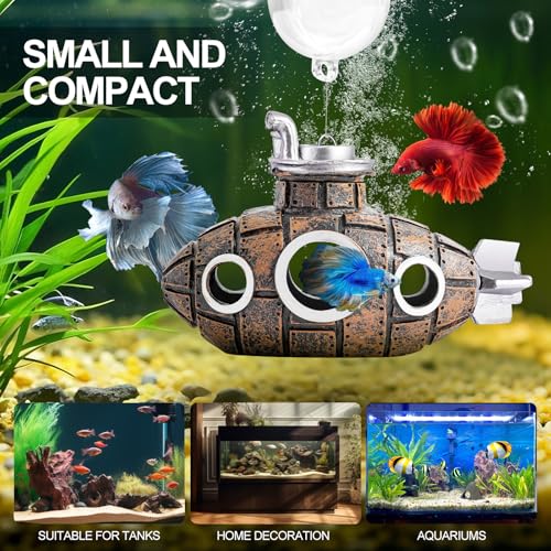 New Upgrade Floating Fish Tank Decoration, Cute Retro Submarine Set and Floating Diver,Three Float Balls, Aquarium Decorations Resinous Betta Fish Tank Accessories - color: Brown