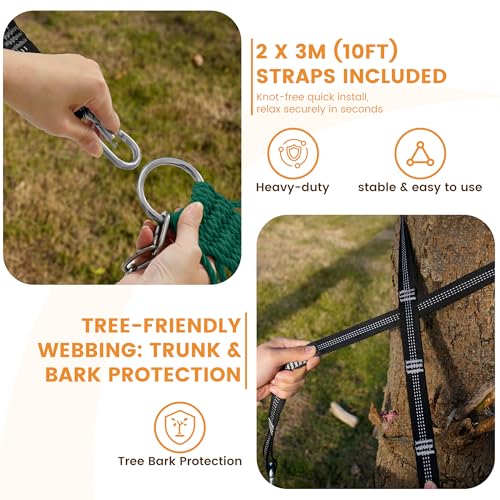 Lazy Daze Hammocks 13-FT Polyester Rope Hammock, Double 2 Person Traditional Hand Woven Outdoor Hammock with Spreader Bar, Carabiners, Tree Straps, Chains for Outside Patio- Max 450 Lbs, Green - color: Green