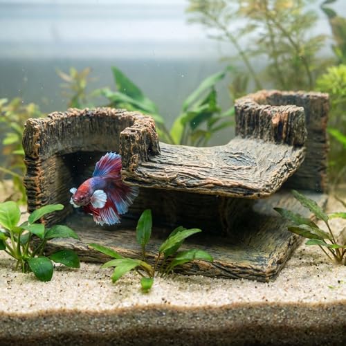 Aquarium Corner Cave Tunnel Decoration, Resin Fish Tank Hideout for Betta, Shrimp, Cichlid and Guppy, L-Shaped Underwater Hollow Log Ornament
