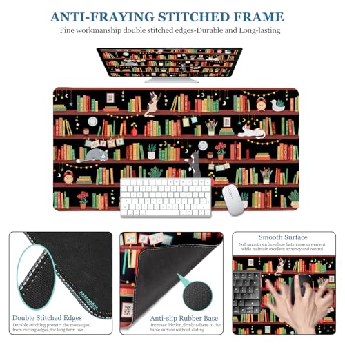 Desk Mat, Desk Matt for Desktop Bookshelf Cat XXL Extended Large Gaming Mouse Pad for Desk, Anti-Slip Desk pad Mat with Stitched Edges, Keyboard Mouse Mat for Computer, Work, Office, Gaming - color: Bookshelf Cat, size: 31.5" x 15.7"