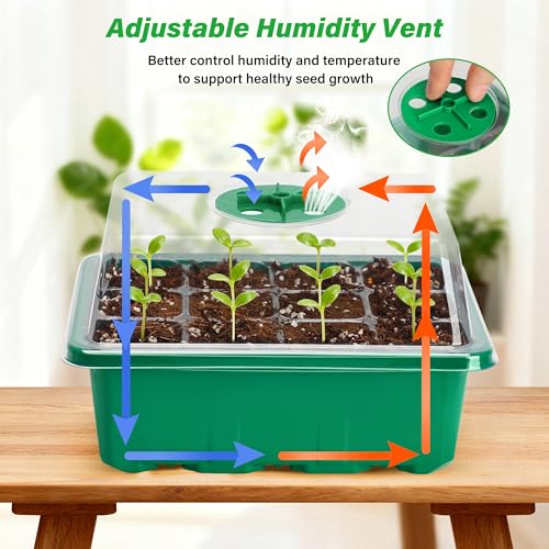 Bonviee 5-Pack Seed Starter Trays, Seed Starter Kit with Adjustable Humidity Dome and Base Indoor Greenhouse Mini Propagator for Seeds Growing Starting (12 Cells Per Tray, Green) - color: Green, size: 5 Packs, NO light