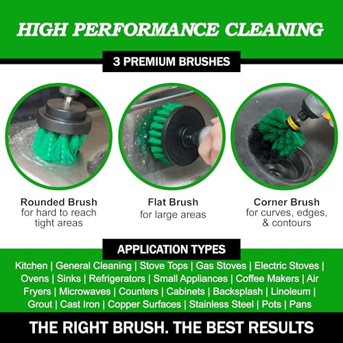 Drillbrush Green Kitchen Drill Brush Set – Drill Powered Cleaning Tools for Stainless Steel Sink, Copper Sink, Stove Top, Oven, Air Fryer & Cabinets – Must-Have Kitchen Accessories for Fast Cleaning - color: Medium Green, size: 2in, 4in, 3.5in corner brus