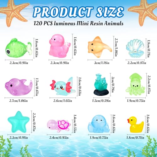 120 Pcs Luminous Mini Ocean Resin Animals Glow in The Dark Tiny Sea Animal Figures Marine Miniature Figurines for Crafts Micro Landscape Fairy Garden Aquarium Decoration
