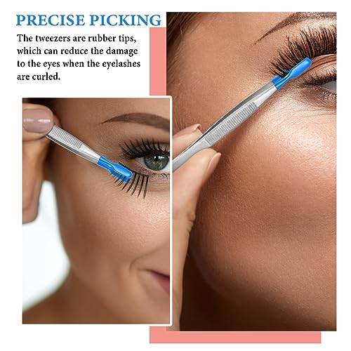Honoson 3 Pieces Tweezers with Rubber Tips PVC Coated Rubber Long Bent Tweezers for Crafts Stamps Beads Jewelry Tools(4.33 Inch,Blue)