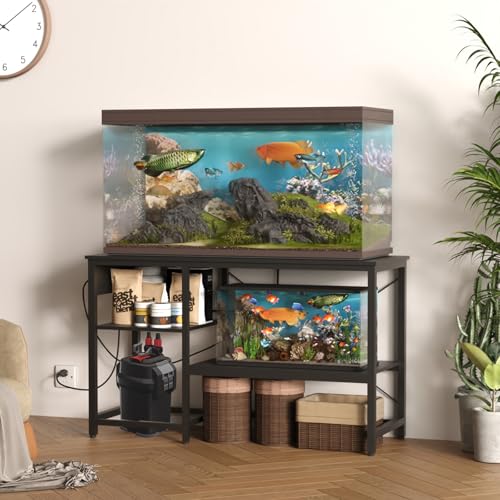 Beuruku 55-75 Gallon Fish Tank Stand with Power Outlet & LED Light, Metal Aquarium Stand with 3 Tier Adjustable Storage Shelves, for Reptile & Turtle Tank, 52" L*19.5" W, Black - color: Black, size: 55-75 Gallon