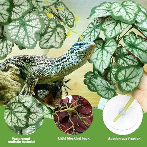 QUOZUO 2 Pack Reptile Plants for Terrarium, Artificial Leaves Habitat Decorations with Suction Cups, Terrarium Hanging Plants Vines for Bearded Dragons Lizards Snake Geckos Frogs - Green - color: Green