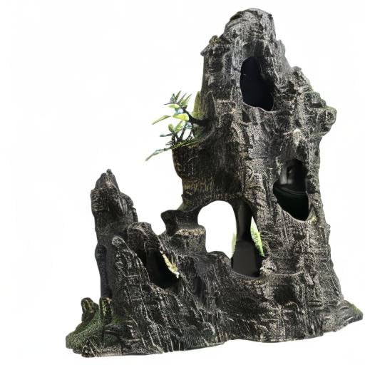 AnRui Large and Tall Aquarium Mountain View Stone Decorations Resin Betta Rock Aquascaping Hiding Cave Ornaments Fish Tank Accessories Decorations with Small Plants - size: 10.62"x4.72"x11.2"