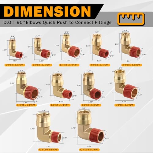 5PCS DOT Approved Quick Push to Connect Fittings, Brass 90 Degree Union Elbow 1/4" Tube OD x 1/4" NPT Thread Air Brake Line Adapter Air Suspension Kit for Car Truck Trailers - size: 1/4" OD x 1/4" NPT, style: Quick Push 90° Elbows-5PCS