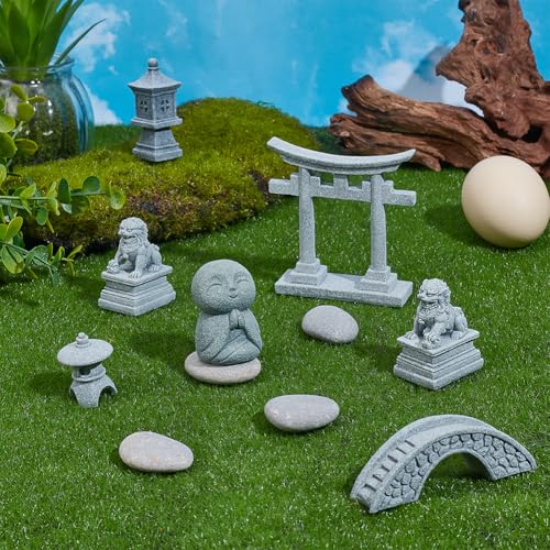 NBEADS 11Pcs 7 Styles Mini Zen Garden Accessories, Garden Decor Micro Landscape Fish Tank Lion Bridge Door Pagoda Figurines for Landscape Balcony Garden Fish Tank Decoration