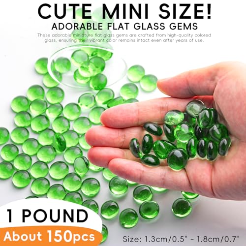 1 LB Green Glass Marbles, Mini Flat Glass Beads~150 PCS for Vase Fillers, Floral Bottom Mancala Gems Pebbles Fish Tank Rocks for Table Aquarium,Home Decor Art Craft Supplies(0.5"~0.7") - color: Green~1 Lb, size: 1 LB