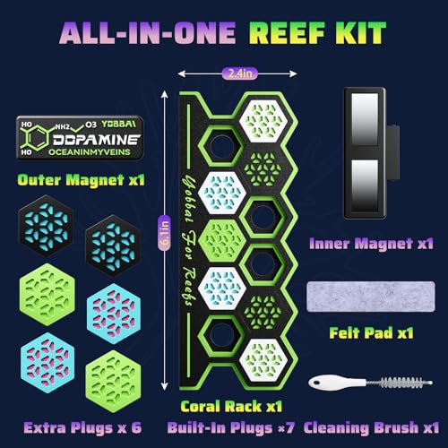 YOBBAI Magnetic Coral Frag Rack for Reef Tank, Saltwater Aquarium Frag Holder with 11 Slots & 13 Frag Plugs, Strong Magnet Glass Mount (Up to ~2cm), Multi-Use Aquarium & Hydroponic Plant / Reptile Display Stand - color: Neon Green-Black