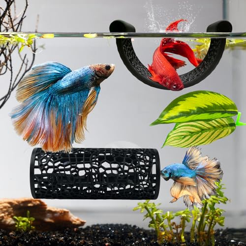 4Pack Betta Hammock Set、 Fish Tank Decor、 Fish Hammock & Hide Tunnel Betta Leaf Pad for Aquarium Decoration, Resting, Hiding and Play