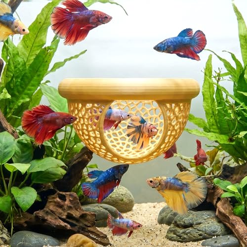 Floating Betta Shrimp Cave, Multi-Functional Aquarium Hammock for Hiding Feeding, Floating Betta Fish Skins with Feeding Ring, Tank Resting Spot for Small Fish Betta Shrimp (Wood, Large) - color: Wood, size: Large