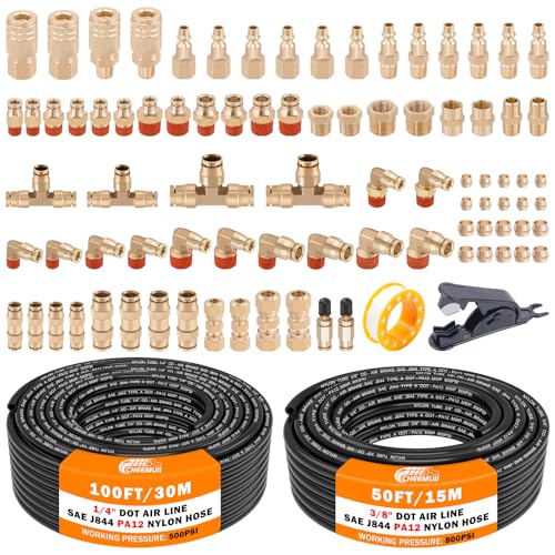 CheeMuii 86 PCS Brass DOT Air Line Fittings with 100FT 1/4" and 50FT 3/8" DOT Air Line Kit Push Lock Air Fitting Quick Connect & NPT Thread Fittings with Pneumatic Tubing - size: 2ROLL-90PCS