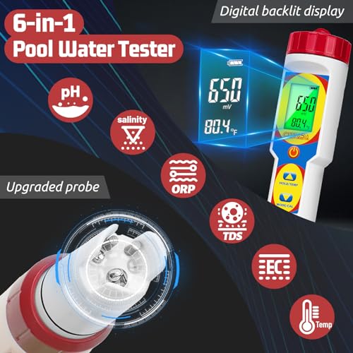 Digital pH and Salinity Meter for Saltwater Aquarium Pool Salt Tester for Swimming Pool 6 in 1 Upgraded pH Salt ORP EC TDS Temp Testing Kit for Reef Aquarium Hydroponics Hot Tub