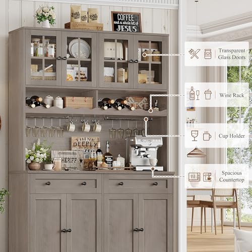 HOSTACK 75.4" Tall Kitchen Pantry Cabinet with Charging Station, Modern White Kitchen Hutch with Microwave Stand and Wine Rack, Large Food Pantry Storage Cabinet with Glass Doors and Drawers, Ash Gray - color: Ash Gray
