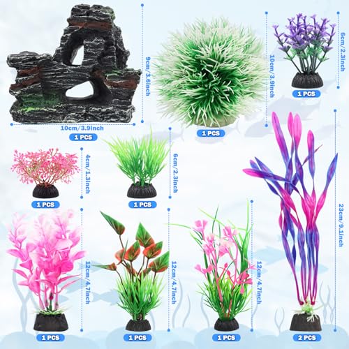 QUOZUO Fish Tank Accessories, Aquarium Fish Tank Plastic Plants and Cave Rock Decorations Set 10 Pieces, Small and Large Artificial Aquarium Plants with Cave Rock