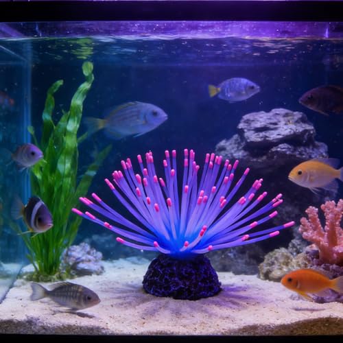 Fluorescent Rainbow Sea Urchin Aquarium Decor - Glows Under Blue Light, Weighted Silicone Ornament for Fish Tank with Swaying Spines, Saltwater & Freshwater, Vibrant Aquascape Centerpiece (Pink) - color: Pink