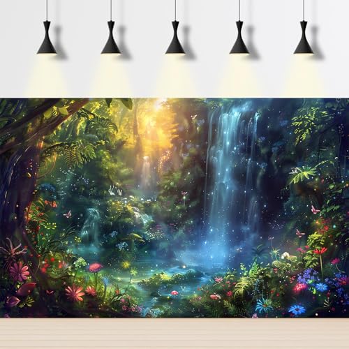 Fantasy Forest Landscape Aquarium Background Waterfall Jungle Rainforest Fish Tank Background Tropical Flowers Plants Reptile Tank Backgrounds Colourful Flower Mushroom Enclosure Backgrounds 24x12in - color: Blue Green, size: 24(W)x12(H)inches/ 60(W)*30cm