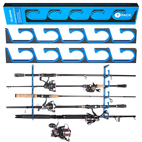 PLUSINNO H5 Horizontal Fishing Rod/Pole Holders for Garage, Wall Ceiling Mounted Fishing Rod Holder, Aviation Aluminum Fishing rod rack Holds up to 5/10/20 Rod or Combos Fishing Gear and Gifts for Men - color: Blue 1pack(store 5 fishing rods or combos)