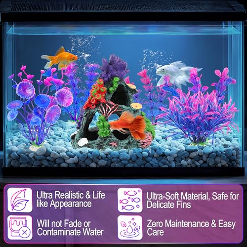 MyLifeUNIT Fish Tank Decorations, 7 Pieces Aquarium Plants Set with Coral Reef Decoration Mountain Cave Ornament for Betta, Goldfish, Shrimp to Breed, Play and Rest (Purple) - color: Purple