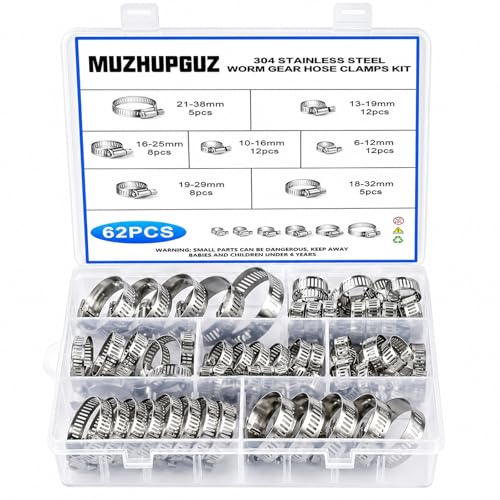304 Stainless Steel Hose Clamps Assortment Kit, 62Pcs 1/4-2 in (6-38mm) Adjustable Worm Gear Pipe Hose Clamps, Automotive, Washing Machine, Mechanical - size: 62 pcs (1/4'' - 1-1/2'')