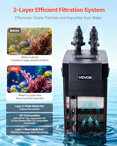 VEVOR 264GPH Canister Filter, 2-Stage External Aquarium Filter with Powerful Pump, Quite Water Circulation Cleaning Machine with Media for Fish Tanks and Aquariums Up to 75 Gallons, for Freshwater - size: 264GPH