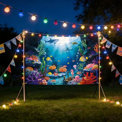 7x5Ft Under The Sea Backdrop Polyester Ocean Backdrop Under The Sea Themed Party Decorations Tropical Fish Dolphin Turtle Coral Deep Sea Sunlight Photo Booth Banner with Ribbon - color: Under The Sea, size: 7×5 ft