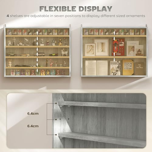 HOMCOM 5-Tier Display Cabinet, Glass Door Cabinet with Adjustable Shelves, Wall-Mounted Display Case for Playroom, Bedroom, Gray - color: Grey