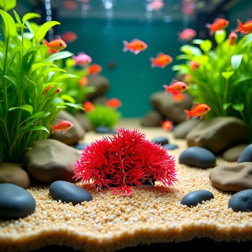 Red Artificial Flowers, Fake Flowers, Artificial Pine with Base Grass Fish Tank Ornament Aquatic Plant Landscape Decor, Aquarium Décor Plastic Plants