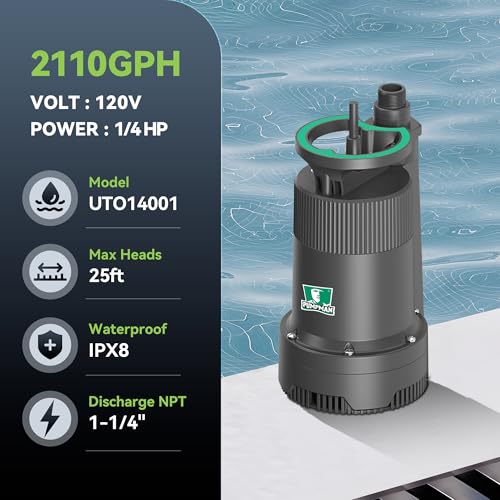 PUMPMAN 1/4HP Portable Water Pump, 2110GPH Submersible Utility Pump with 3/4” Garden Hose Check Valve Adapter Electric Sump Pump, 120V, Removal for Pool Draining Basement Hot Tubs Garden - style: 1/4HP 2110GPH