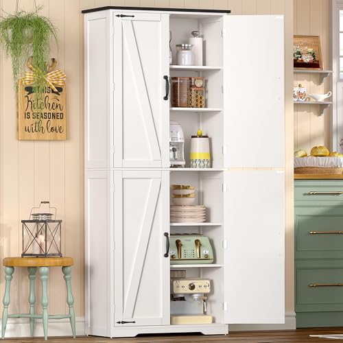 TEENFON Tall Pantry Cabinet, Kitchen Cabinet with 4 Shelves, Adjustable Shelves, Pantry Cabinets with 4 Barn Doors, Tall Kitchen Cabinets for Dining Room, Living Room, White - color: White 4 Doors