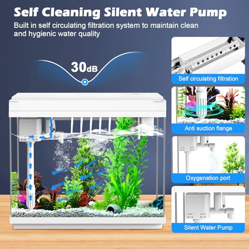Smart Aquarium Fish Tank with Silent Water Pump, 2.4 Gallon Small Aquarium with Quick Start Kit, Temperature Display, Humidifier and RGB Lights, Perfect for Home, Office, and Decor, White - color: 2.4 Gallon-White