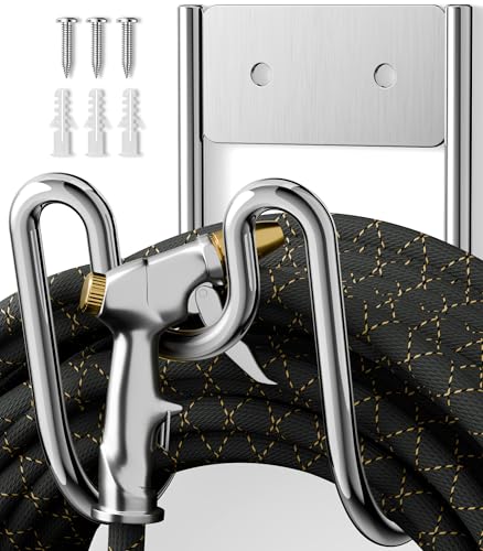Garden Hose Holder Wall Mount - SS304 Stainless Steel Water Hose Hanger Heavy Duty Rack for Extension Cords Vacuum Hose Outside Silver (1 Pack)