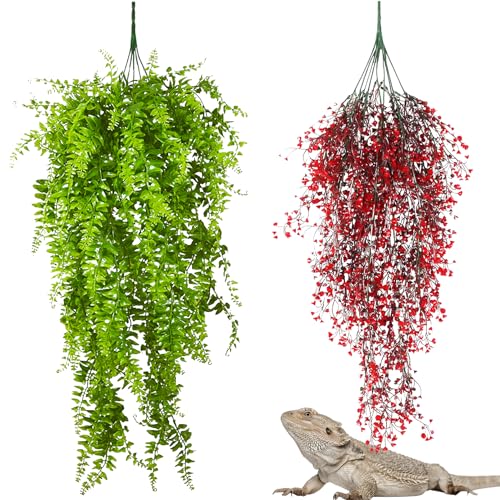 2 Pack Reptile Plants Terrarium Hanging Fake Vines with Suction Cup Artificial Leaves for Bearded Dragons Lizards Geckos Snake Hermit Crab (Red and Green) - color: 2 Pcs ( Red and Green )