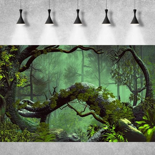 Forest Aquarium Background Jungle Plants Lush Green Trees Reptile Habitat Background Foggy Rainforest Natural Landscape Fish Tank Background Misty Rainforest Terrarium Background Vinyl 24x16in - color: Dark Green, size: 24(W)x16(H)in